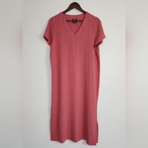 Bobeau Gauzy Terracotta Pink V-Neck Short Sleeve Midi Dress Med Casual Vacation